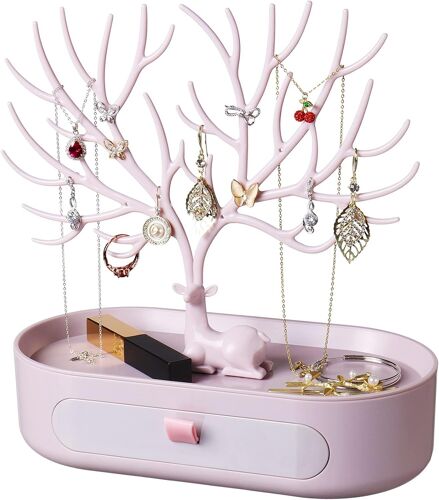 (Rose) Arbre Porte Bijoux avec Tiroirs, Support Bijoux en Plastique, Deer Présentoir à Bijoux pour Boucles d'Oreilles, Colliers, Bracelets, Montres et Bagues