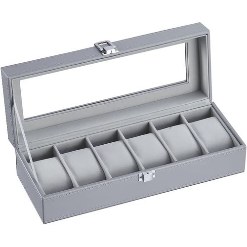 Kal-Boîte À Montres Pour 6 Montres Pour Homme Avec Fenêtre En Verre, Rangement En Cuir Synthétique Et Velours, Pour Montres Et Bijoux (Gris-04g-Dgw)
