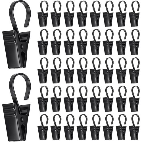 KALANKA-60 Pièces Pince Rideau en Métal, Clips en Acier Inoxydable avec Crochets, Noir Anneaux à Pince pour Rideaux Attache Photo Douche Douche et de Fenêtre