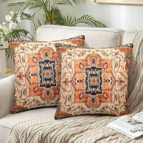 Cauc-Lot De 2 Taie Oreiller 40 X 40 Cm Decoratif Housse De Coussin Bohème Motif Des Deux Côtés Housse Coussin Indien Café Lin Taie D'oreiller À Fermeture Éclair Cachée Für Chambre, Canapé, Chaise, Ja