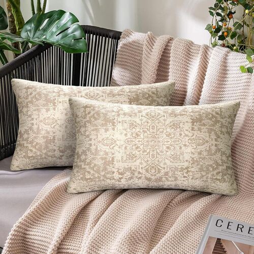 Kalanka-Moderne Housse Coussin Boheme 30x50 Lin Taie Oreiller Rectangulaire Mandala Motif Housses De Coussin Beige Coussin Decoratif Pour Chaise Longue Fauteuil Chambre Lit Luxe Léger Lot De 2