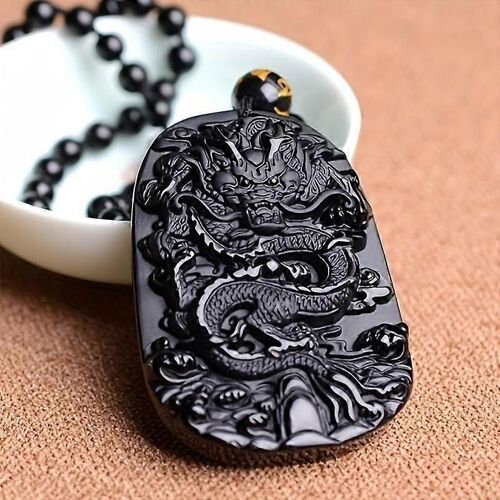 1pc Vintage Style Ethnique Imitation Obsidienne Pendentif Collier Dragon Motif Collier Pour Hommes Et Femmes