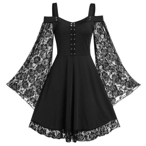 (5xl-Adulte-Femme-Noir) Robe Lolita Médiévale D'halloween Costume Gothique En Dentelle