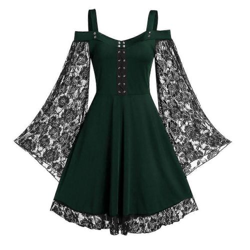 (Xl-Adulte-Femme-Vert) Robe Lolita Médiévale D'halloween Costume Gothique En Dentelle