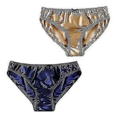 (L-Adulte-Femme-Or-Bleu) Culotte En Soie De Mûrier Pour Femme, Bikini Sexy En Soie, Slip En Satin, Sous-Vêtements 2 Pièces