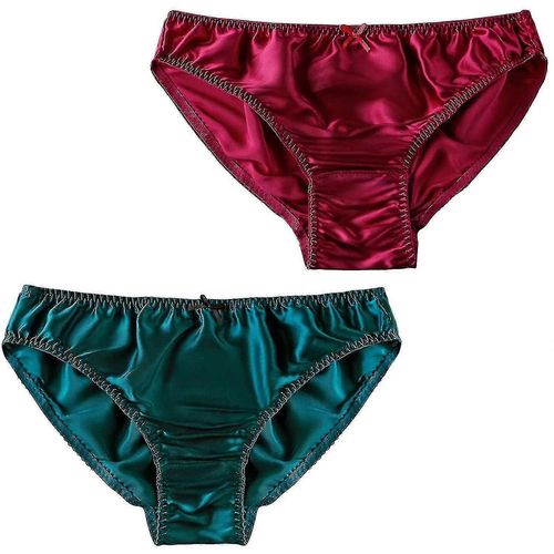 (Xl-Adulte-Femme-Rouge Foncé-Vert) Culotte En Soie De Mûrier Pour Femme, Bikini Sexy En Soie, Slip En Soie, Sous-Vêtements En Satin, 2 Pièces