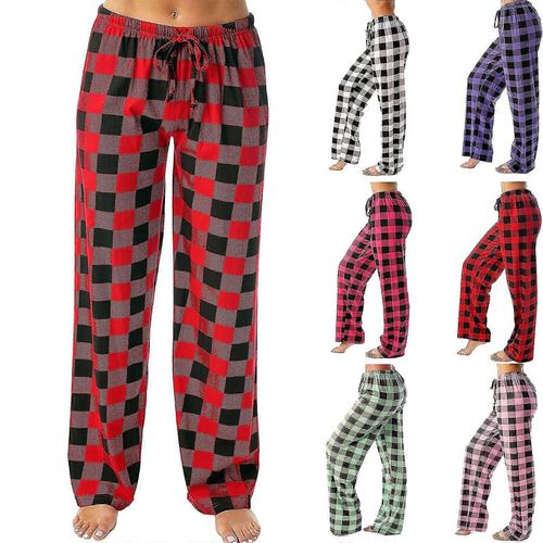 (L-Adulte-Femme-Rouge) Pantalon De Pyjama À Carreaux Pour Femme, Pantalon De Détente Extensible, Pantalon De Nuit À Cordon Avec Poches