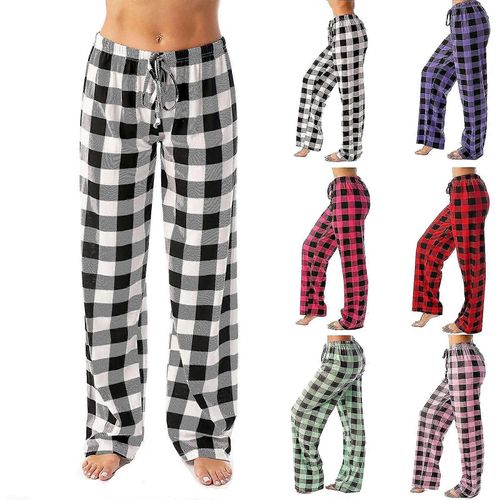 (2xl-Adulte-Femme-Blanc) Pantalon De Pyjama À Carreaux Pour Femme, Pantalon De Détente Extensible, Pantalon De Nuit À Cordon Avec Poches