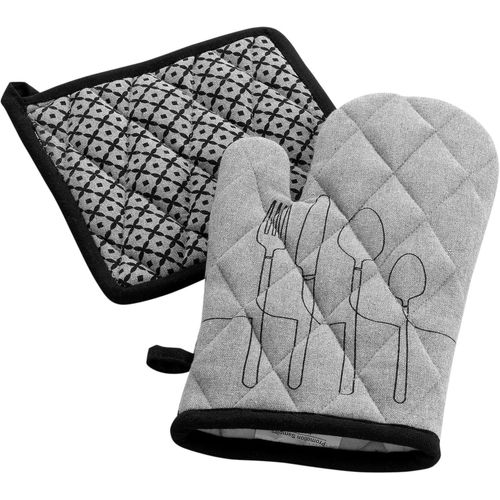 Gant Et Manique (18 X 28 Cm/20 X 20 Cm) Cuisiline Gris Chine, Coton Recyclé Imprimé