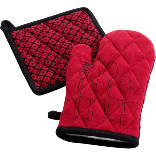 Gant Et Manique (18 X 28 Cm/20 X 20 Cm) Cuisiline Bordeaux, Coton Recyclé Imprimé