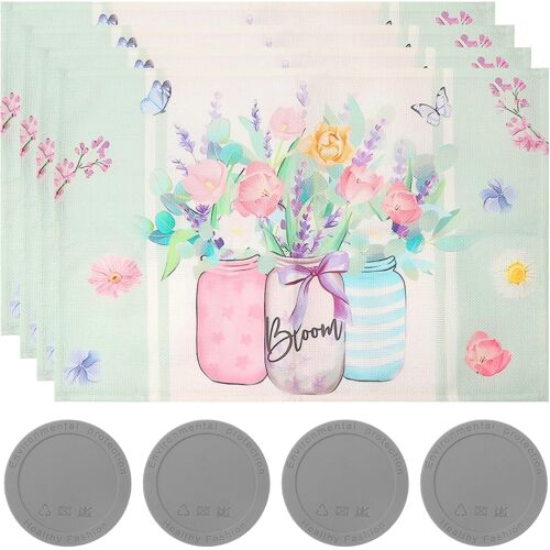 Kalanka-Lot De 4 Sets De Table, Lavables, Avec 4 Sous-Verres En Silicone, Motifs Fleurs Et Papillons, Décoration De Table En Intérieur, Vacances, Fête, 45 X 30 Cm