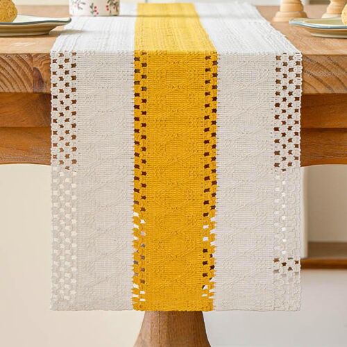 Sjzg-Chemin De Table Beige Et Jaune Boho Table Decor Macramé Crochet Dentelle Moderne Centre Nappe Décoration Étroit Vintage Ferme Court Mariage Fête Table Décoration Extérieur 30x140 Cm