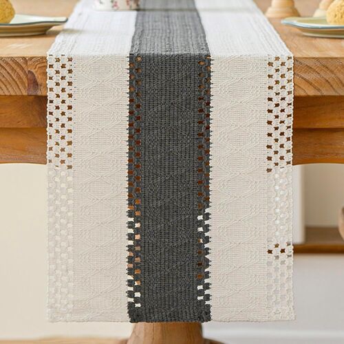 Sjzg-Chemin De Table Beige Et Gris Boho Table Decor Macramé Crochet Dentelle Moderne Centre Nappe Décoration Étroit Vintage Ferme Court Mariage Fête Table Décoration Extérieur 30x180 Cm