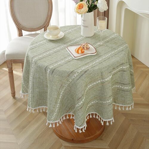 Tianyi-Nappe Bohème Pour Décoration De Cuisine, R140 Cm, Nappe En Macramé Avec Glands, Linge De Table Rectangulaire En Lin À Rayures, Nappe En Maille Pour Table À Manger, Vert Olive