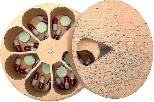 Boîte À Pilules De Jour En Bois Massif,Boîte À Pilules Portable De 7 Jours Boîte À Pilules Ronde,Boîte À Médicaments De 7 Jours Organisateur De Pilules Avec Couvercle,Plateau Mini Boîte À Pilules De 7 