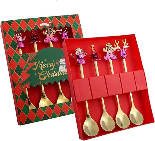 4pcs Cuillères De Noël Avec Arbre De Noël Créatif Père Noël Décoration Élans Cuillères À Mélanger En Acier Inoxydable Pour Le Café Cocktail Thé Soupe Crème Glacée Dessert Partie