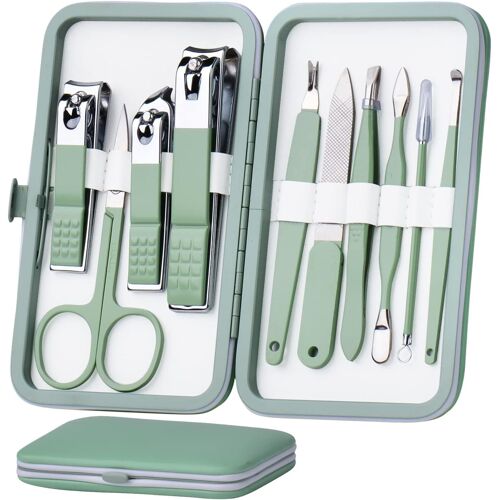 Kalanka-Ensemble De Manucure 10 En 1 En Acier Inoxydable, Coupe-Ongles, Ciseaux, Outils De Pédicure - Trousse De Toilette Portable Pour Hommes Et Femmes Avec Étui En Cuir (Vert Jade) 