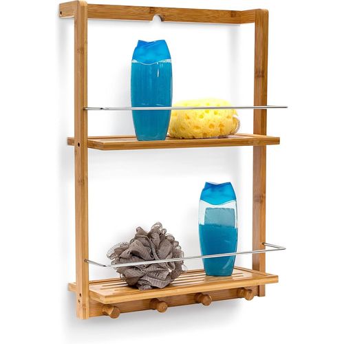 Loc-10019190 Étagère De Douche Bambou Hxlxp : 53 X 38 X 15,5 Cm Serviteur De Douche Salle De Bain 2 Compartiments 4 Crochets,Nature