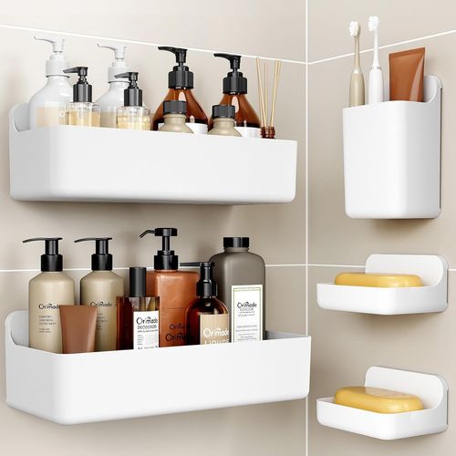 Loc-Lot De 5 Étagères De Douche Antirouille Sans Perçage,Plastique Abs Adhésif,Grande Capacité,Séchage Rapide,Blanc