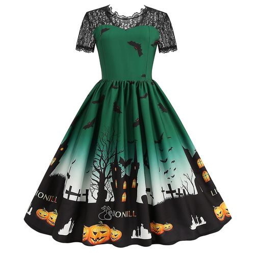 Halloween Femmes Mode Imprimer À Manches Courtes Col Rond Casual Ourlet Robe (Vert Xl)