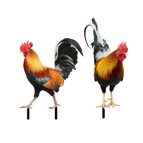 2x Statue De Coq Jardin Piquets De Cour Réaliste Signe Sculptures D'animaux Réalistes Pour Patio Extérieur Sol Arrière-Cour Décorations
