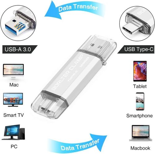 Clé USB 128 Go, Dual Port OTG USB 3.0 Mémoire Stick Aves Type C Port, U Disque Compatible pour Smartphone Android, Tablette et Ordinateur (Argenté)