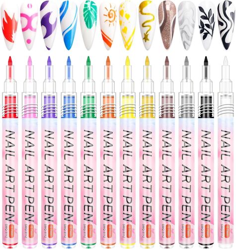 Kal-Lot De 12 Stylos À Ongles -Stylo Graffiti Pour Nail Art -Stylo À Dessin 3d Imperméable -Stylos À Ongles -Outils De Pointage Des Ongles -Crayons De Peinture Acrylique -Point De Dessin Et