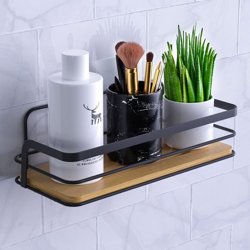 Loc-Étagère De Douche,Sans Perçage,Noire,Autocollante,Pour Salle De Bain,Salon,En Bambou Et Métal