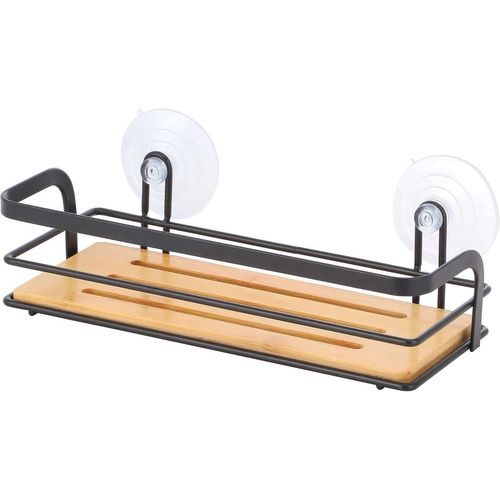 Loc-Étagère De Douche Sans Perçage Avec Ventouses En Acier Et Bambou Noir Mat 12 X 9 X 25,5 Cm