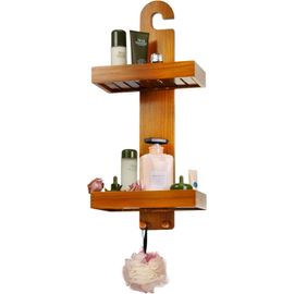 Loc-Panier De Douche En Teck Avec Crochets,Support De Douche Suspendu À 2 Niveaux,Étagère De Douche En Bois Pour Articles De Toilette,Sans Perçage