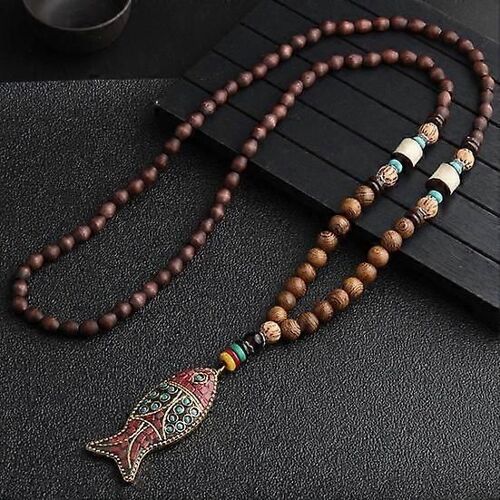 Collier Pendentif Style Ethnique Vintage Bois Perlé Fait À La Main Femmes Pull Collier Bijoux Cadeau Accessoires De Mode
