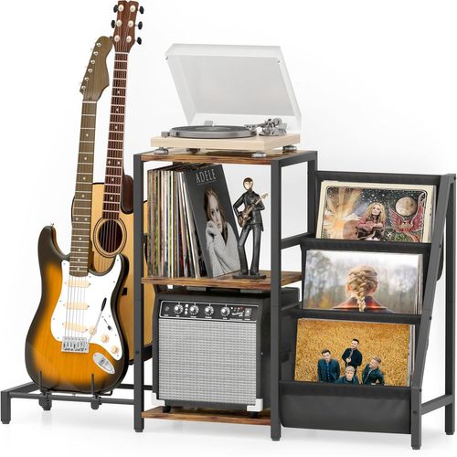 Chenquansarl-Rangement Disques Vinyles, Support Guitare Pour Guitare Acoustique, Électrique, Basse Avec Support D'ampli, Support Pour Tourne-Disques À 3 Niveaux Pouvant Contenir Jusqu'à 200 Albums
