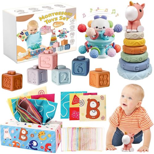 ChenQuanSarl-Jouet Bebe 6 Mois -3 Ans, 4 In 1 Jouet Montessori 1 An, Jouets Sensoriels, Gobelets Empilables, Blocs De Construction, Boite De Mouchoirs En Papier, Jouet Bebe 1 An, Cadeau D'Anniversair