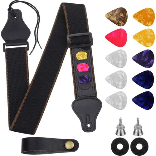 Chenquansarl-Sangle De Guitare Pour Guitare Électrique Et Acoustique Ou Basse, Kit Sangle Guitare Électrique Avec Sangle Réglable En Coton Et Bouton, Verrous De Sangle Et 10 Médiators Colorés