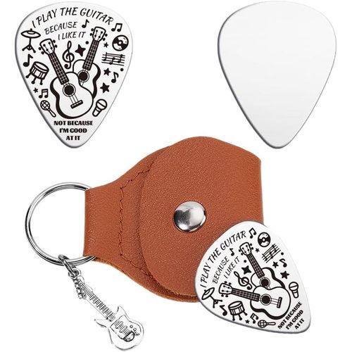 Chenquansarl-Médiators De Guitare Porte Clés Acier Inoxydable Médiators De Guitare Cadeaux Avec Étui En Cuir Synthétique Marron Accessoires Pour Médiator Cadeaux Pour Les Amateurs De Musique