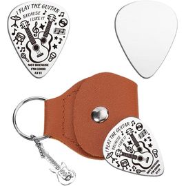 Chenquansarl-Médiators De Guitare Porte Clés Acier Inoxydable Médiators De Guitare Cadeaux Avec Étui En Cuir Synthétique Marron Accessoires Pour Médiator Cadeaux Pour Les Amateurs De Musique