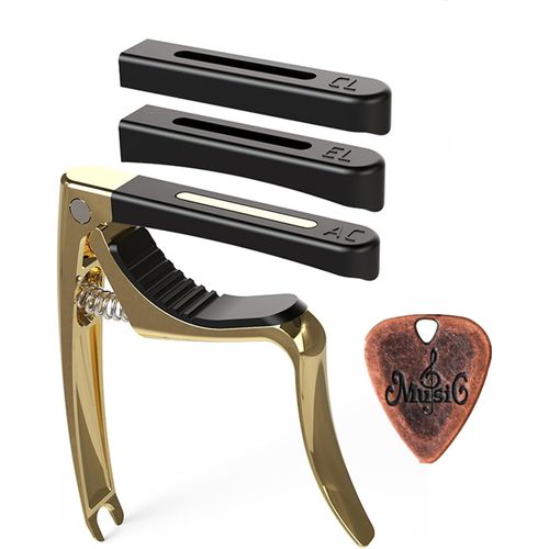 Loc-Capo De Guitare Avec 3 Embouts Amovibles Adaptés Aux Courbes De Manche-Compatible Guitares Acoustiques/Électriques & Ukulélé + Médiator Métal Offert (Or Mat)