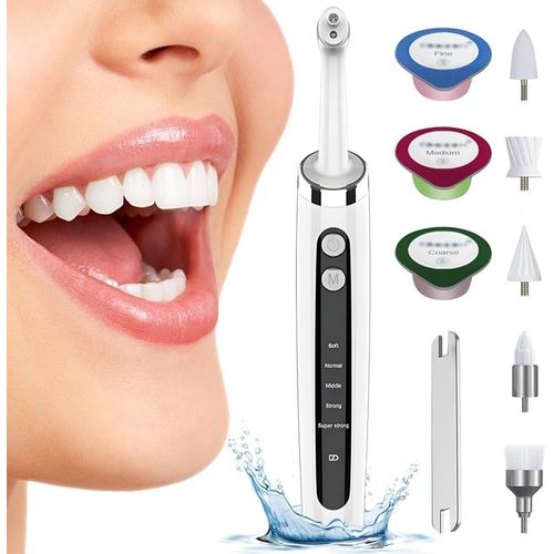 Polisseuse Dentaire Électrique Avec 5 Têtes De Brosse, 3 Pâtes De Polissage ¿ Détachant Dentaire Pour Blanchir Les Dents Jaunes, Rechargeable Et Étanche Blanc