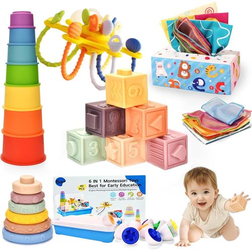 ChenQuanSarl-Jouet Bébé Pour 6 À 12 Mois,Montessori Jeux Bébé Eveil 1 An,Jouet Empilable Sensoriel 6 En 1 Gobelets Empilables,Blocs De Construction,Boite De Mouchoirs En Papier,Cadeau Pour Bébé 6 9 1