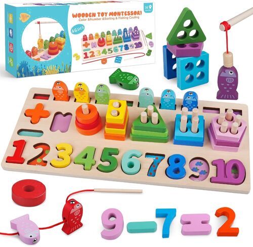 Jouet Bebe 1 2 3 Ans, Jeux Montessori 1 an, Cadeau BéBé Jouet Pêchea la Ligne Enfant 2 3 4 Ans, 7 en 1 Jeu Educatif en Bois Puzzle à Empiler Numérique Puzzles en Bois Table Activité Bébé Garçon Fille