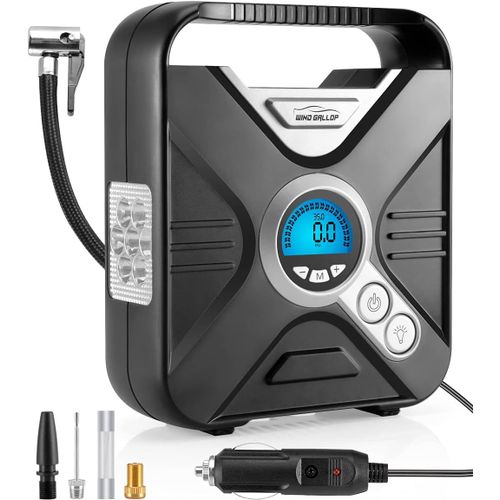 CHAAS-Compresseur à Air Portable Gonfleur Electrique Gonfleur Pneus Voiture Mini Compresseur Voiture 12V Pompe A Velo Electrique avec Manomètre, Adaptateurs De Valve Et éclairage LED