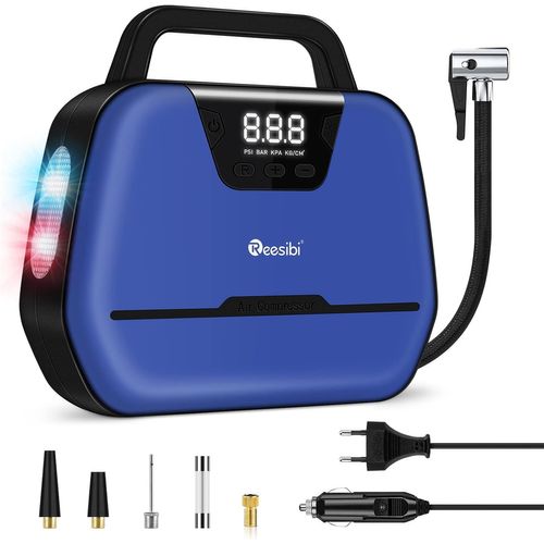 Compresseur d'air Portable, Gonfleur de Pneu Numérique 12V 220V, 10,3 Bars / 150 PSI, Pompe à Air électrique avec lumière LED pour Voitures, Motos, Sphère, Vélos, Bleu et Noir - Prise UE