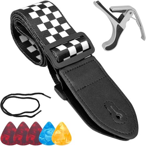 Chenquansarl-Sangle De Guitare, Ceinture De Guitare Jacquard Noir Et Blanc À Carreaux Avec Extrémités En Cuir Pour Basse,Électrique,Acoustique,Viennent Avec 1 Clip De Hauteur Son De Guitare Et 5 Médi