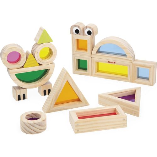 ChenQuanSarl-Bloc À Assembler En Bois - Jeu D'Eveil Sensoriel - 18 Blocs Et 6 Cartes Modèles - Appentis Des Formes Et Couleurs - Développe La Motricité Fine - Jouet En Bois - Dès 12 Mois - J05306