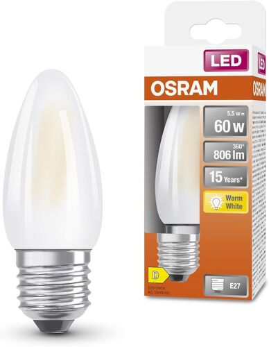 Kal-Led Star Classic Led-Lampe In Klassischer Minikerzenform, Weiß, Warmweißes Licht (2700 K) Mit 5.5w / 806 Lm, Aus Gefrostetem Bleifreiem Glas, E27 Sockel, Ip20, Eek D, 35 Mm Durchmesser.