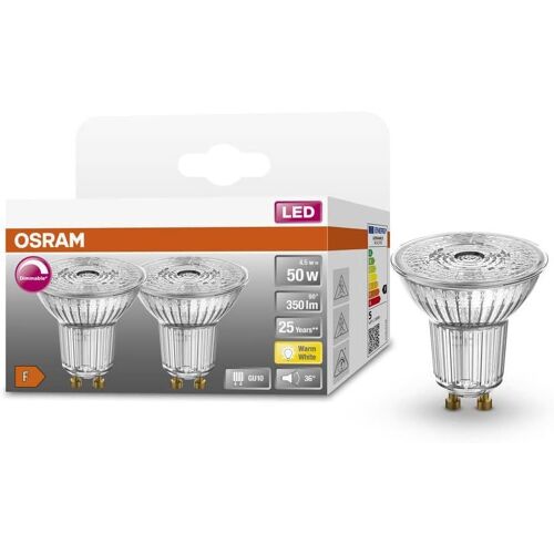 Kalanka-Osram Lampe À Réflecteur Superstar, Gu10-Base, Verre Clair ,Blanc Chaud (2700k), 350 Lumen, Remplacement De La Traditionnelle 50w-Ampoules 2-Pack