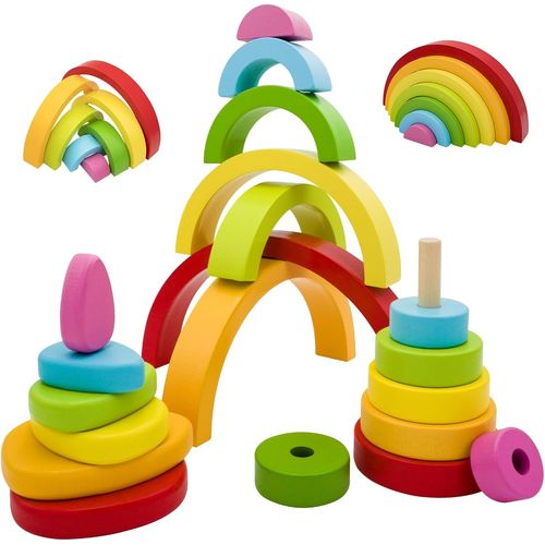ChenQuanSarl-Montessori - Jouet Empilable 3 En 1 - Blocs De Construction En Bois - Jouet De Motricité Arc-En-Ciel - Blocs De Construction Grimms - À Partir De 1 An - Cadeau Bébé Pour Enfants De 2, 3,