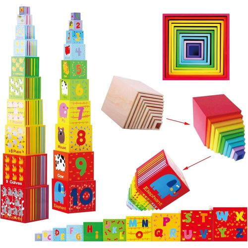 ChenQuanSarl-Towo Cubes Emboitables En Bois - Pyramide Cubes A Empiler Bebe Pour Apprendre À Compter - Lot De 10 Cubes Éducatif -Montessori - Apprendre Les Animaux - Jouets En Bois Éducatif Pour Enfa