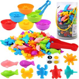 Jeux Montessori 2 3 4 5 Ans Enfants,56 PCS Montessori Jouet pour Comptage et Tri,Jeu de Tri Motricité Fine Jouet,Animaux Marins Jeux Educatif pour Enfants avec gobelets,dés et Pinces
