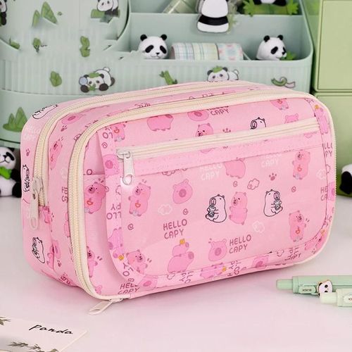 Trousse À Crayons Kawaii Pour Garçons Et Filles,Boîte De Papeterie Pour Étudiants,Sac De Rangement De Papeterie Translucide À Motif Capybara À 9 Compartiments.Pink.